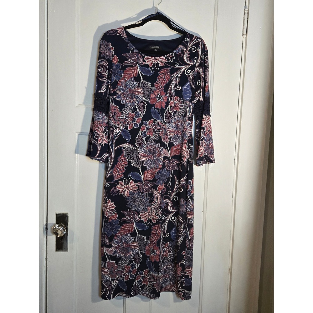 Glamour Floral Bell Sleeve Sheath Dress Navy Red Crochet Lace Size 12